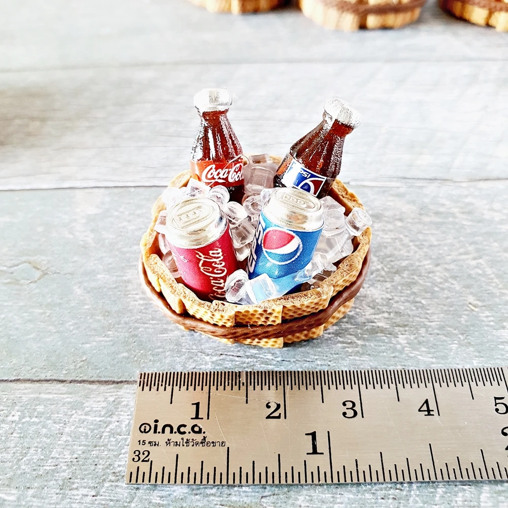 Dollhouse Miniatures Drink Beverage  Coke Pepsi Bottles Ice basket Set