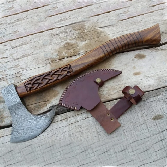 Outdoor Tools Tactical Survival Viking Axe Damascus Steel Head  Leather Sheath Camping Finish Hatchet Wood carving Handle