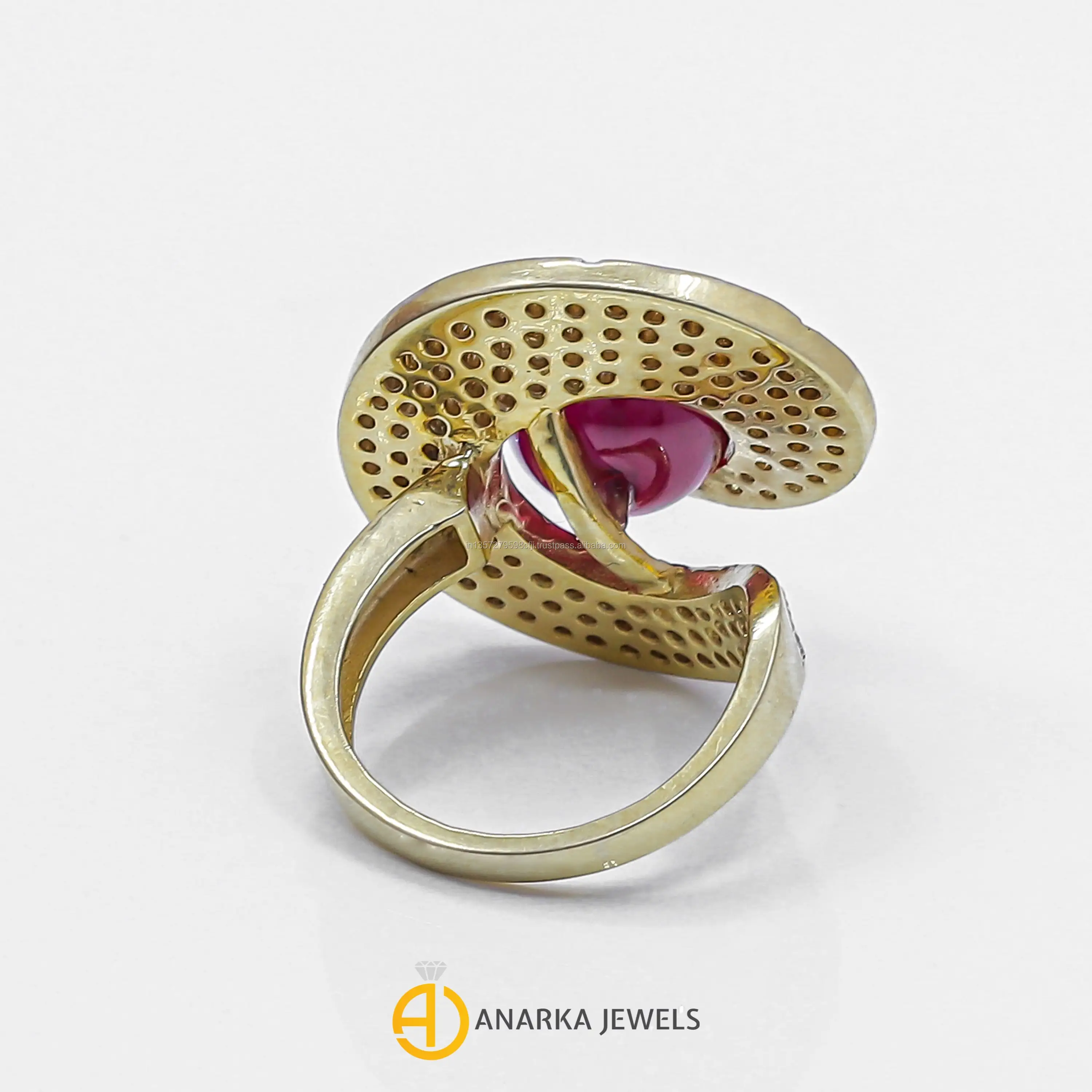 
18K Yellow Gold Vintage Unique Cocktail Diamond Ring Ruby Bead Gemstone Ring MMR-107 