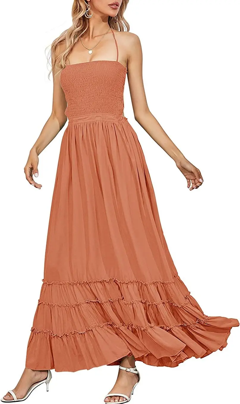 
woman and girl beach Style Linen ruffles Dress With round Neckline 