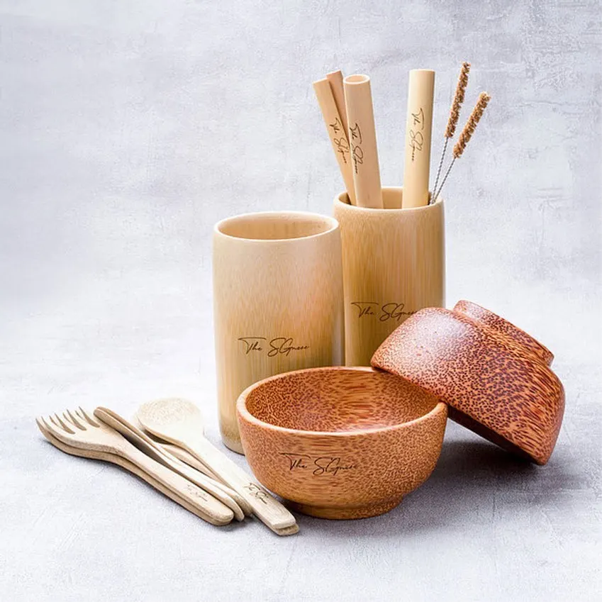 Bamboo Cups 100% Natural Eco Friendly Bamboo Cup Straws Coconut Bowl Dinnerware Set Customized Logo Bamboo Fiber Coffee Cup