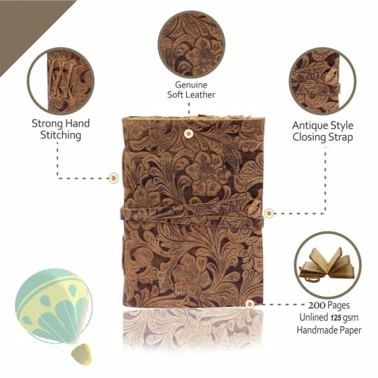 Unique leather diary, Brown antique handmade paper leather bound notepad ,flower printed for Men and Women