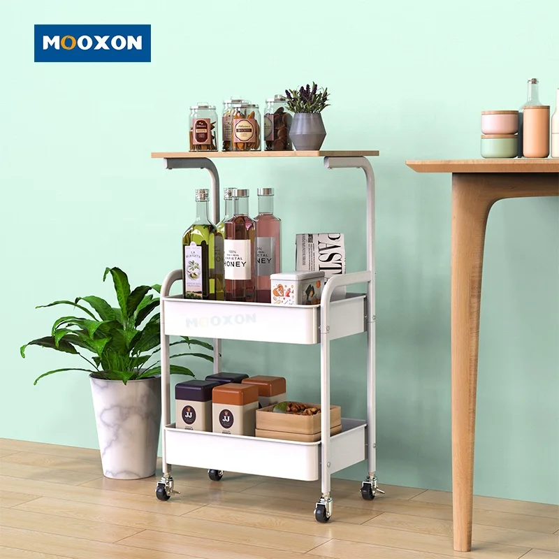 3 Layer Multifunction Steel Mesh Wire Basket Shelving Wood Board Utility Carts Organizer Storage Trolley Kitchen Rolling Cart