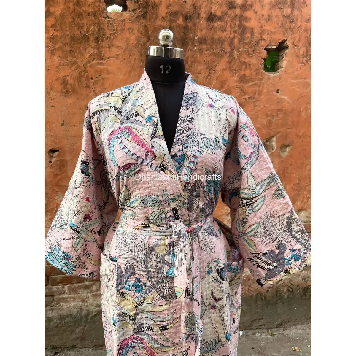 Pink Handmade Maxi Gown Dress Monkey Print Kimono Style Kantha Quilted Sleepwear Wholesale Indian Cotton Women Bath Robes