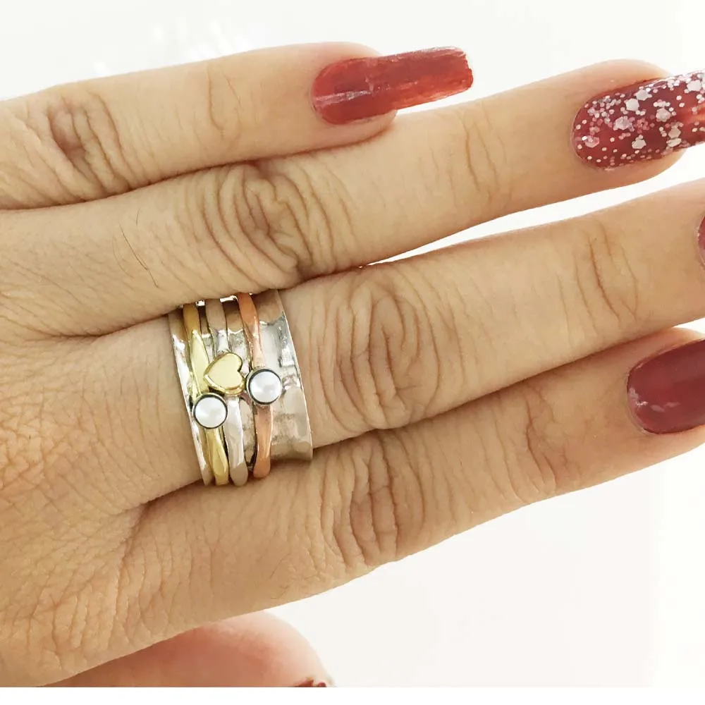 925 Sterling Silver Jewelry Rings Attractive Pearl Gemstone Triple Tone 925 Sterling Silver Spinner Rings Jewelry Manufacturer