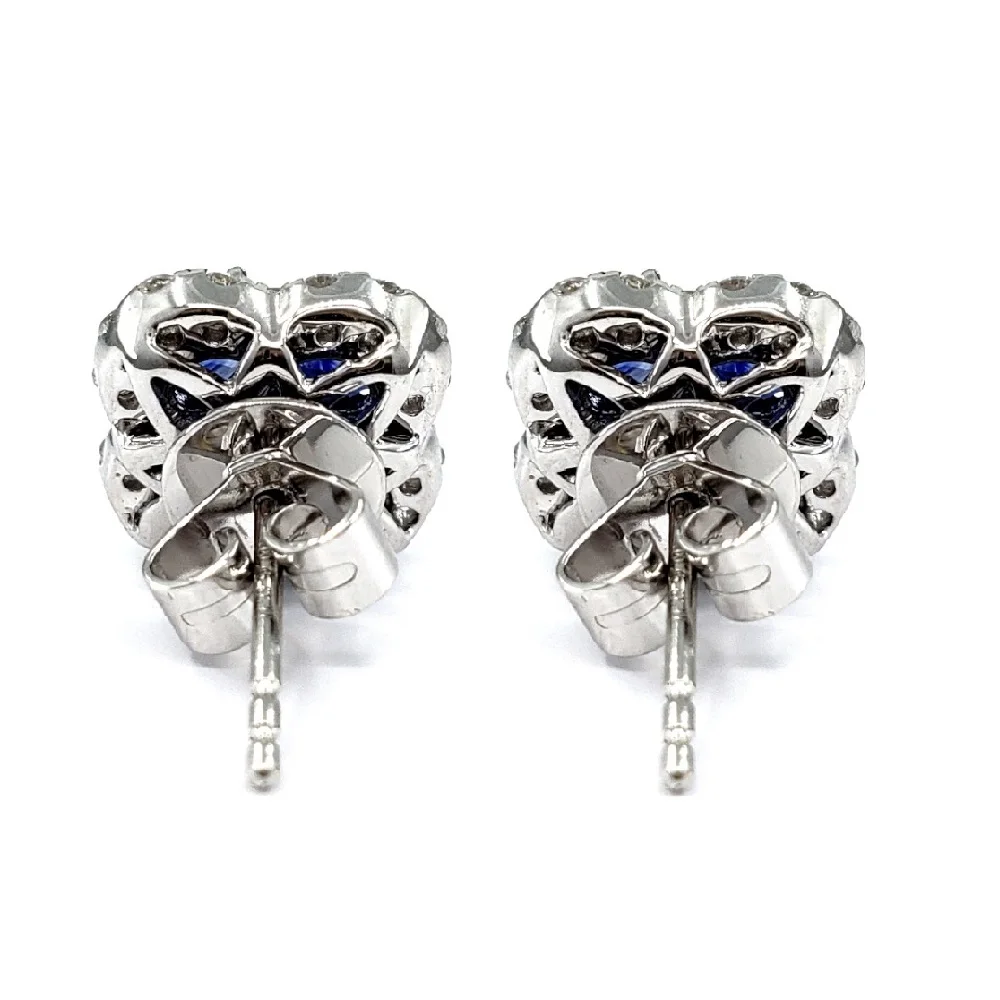 Blue Sapphire Natural Design 18K Solid White Gold Diamond Fine Jewelry Flower Shape Oval Color  Cluster Earring Stud  For Women