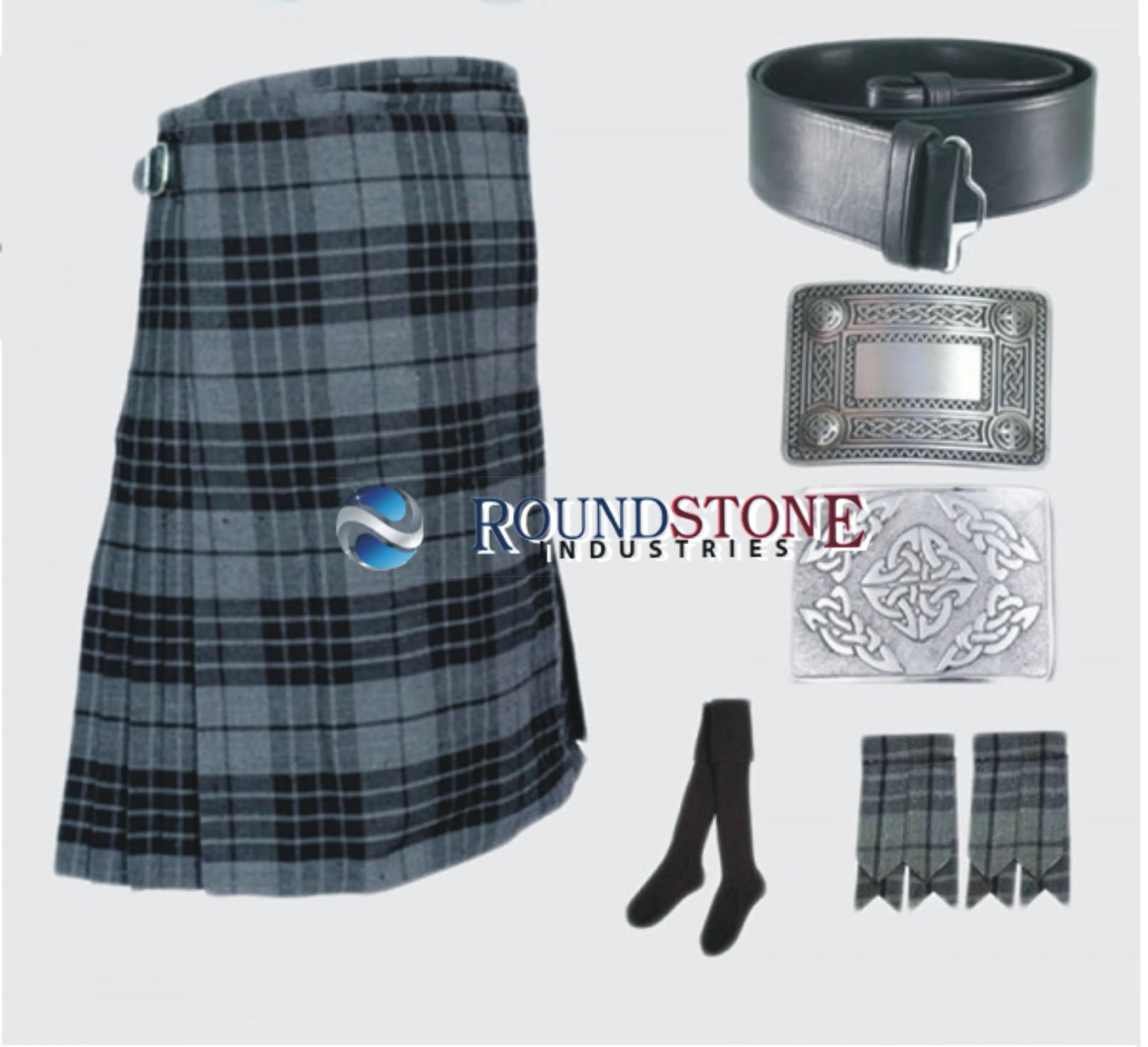 Grey Watch Scottish Tartan Economy Kilt 8 Yard Deal+Sporran+Kilt Belt+Fly Plaid+Brooch+Flasher+Pins+Waist Coat+Socks+Waist Coat