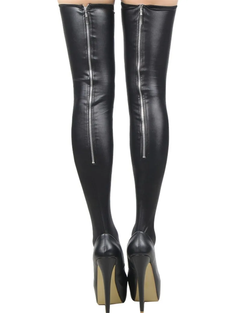 
Wonder Beauty Women Black Wet Look Back Zipper Leather PU Thigh Stockings 