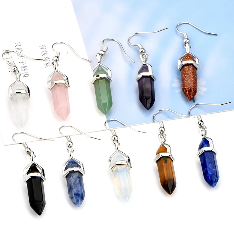 Colorful Natural Stone Crystal Drop Earrings Bullet Shape Healing Point Dangle Fishhook Earring for Women