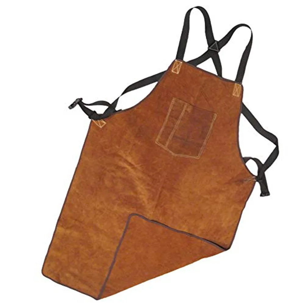 Adjustable Leather Aprons with Pockets in Genuine leather yellow color with Custom Logo low MOQ Apron for Workshop & Restaurant