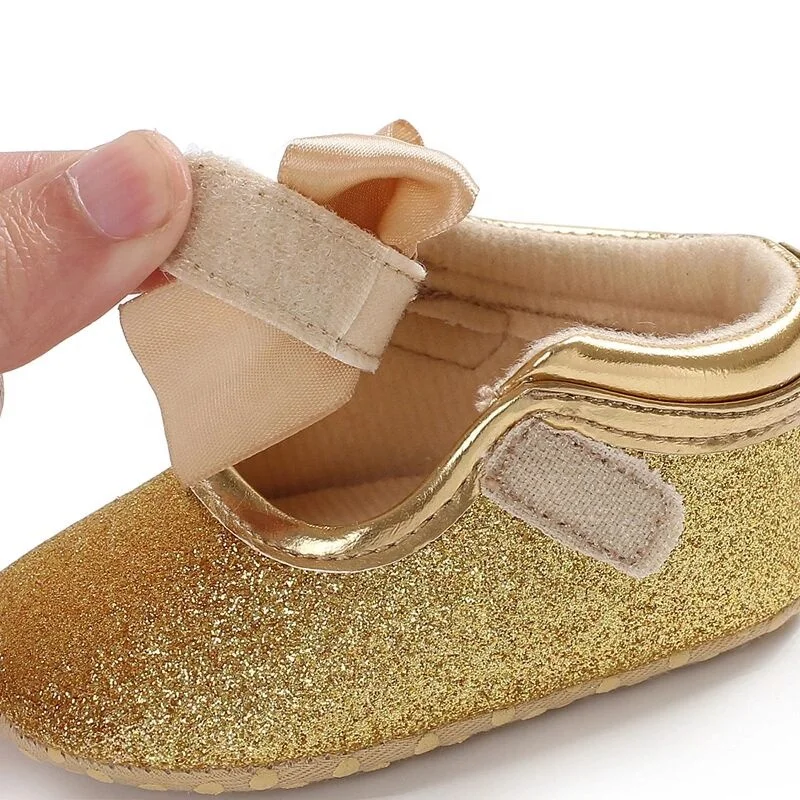 Bling Toddler Princess Gold Glitter Girl Baby Dress Shoes with Bow
