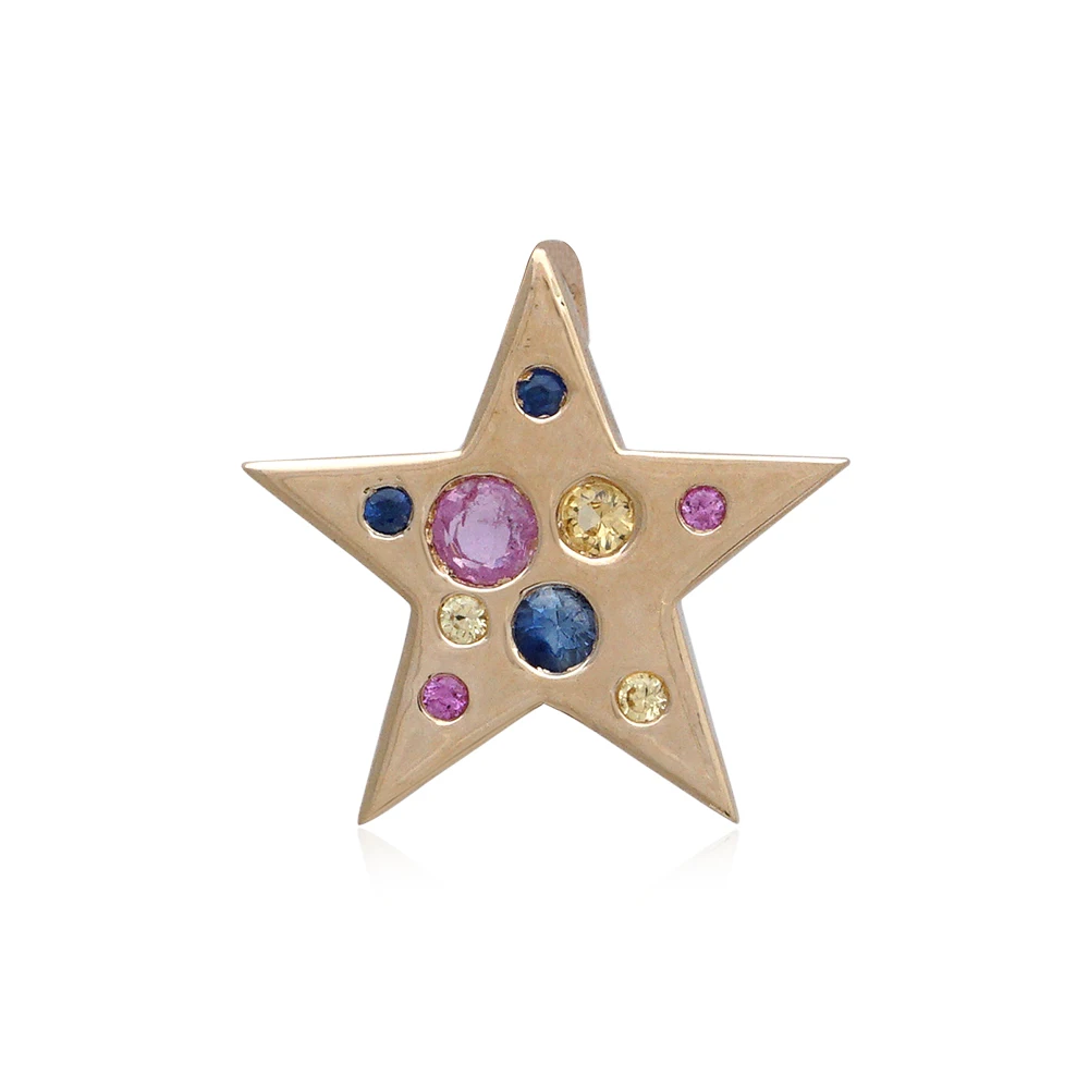 Multi Sapphire Gemstone Solid 14k Gold Handmade Star Charm 18MM Pendant Unisex Jewelry Charm For Bracelet, Necklace