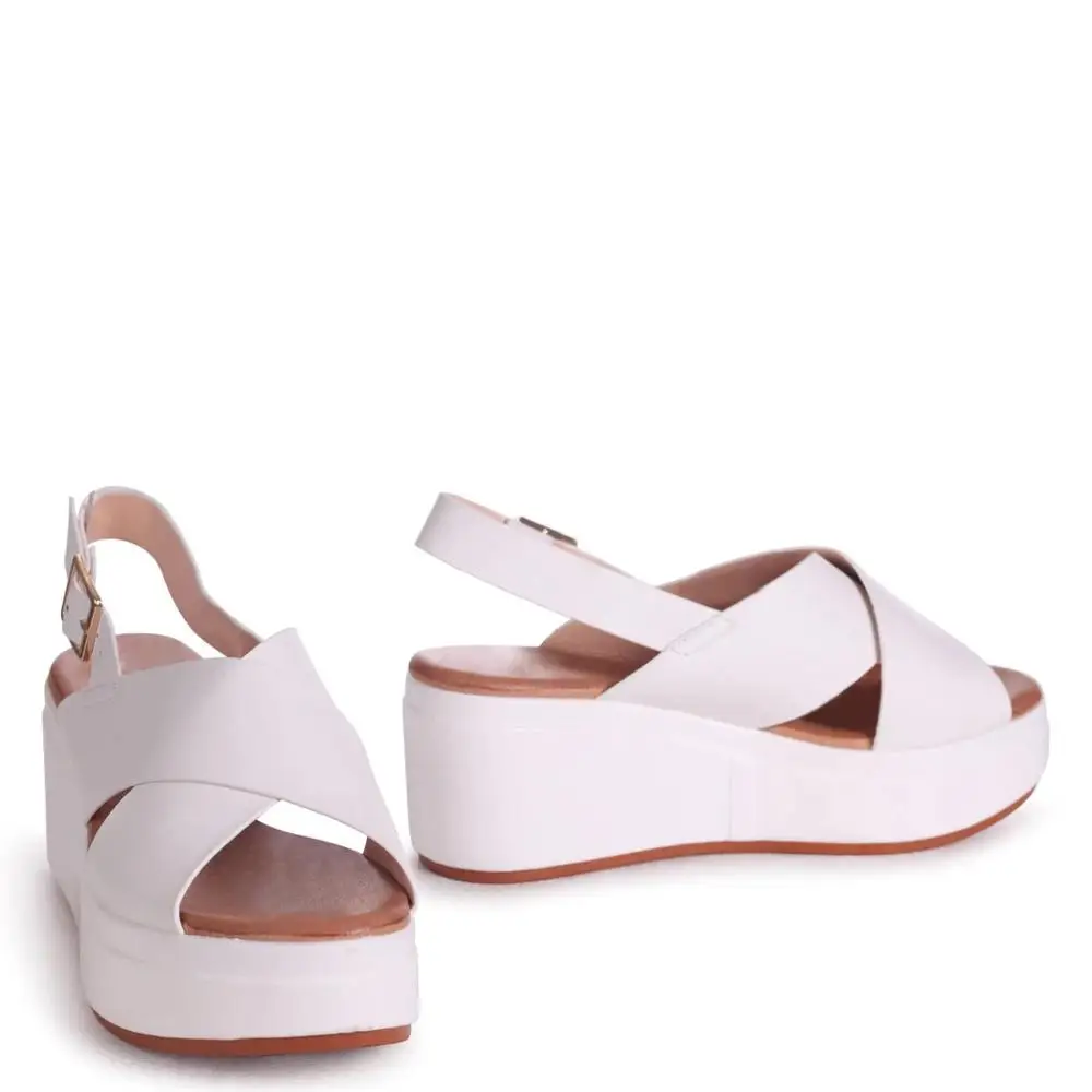 Ladies Fancy White Lightweight Wedge Heel Sandals With Crossover Front Strap Shoes(sandalias mujer)
