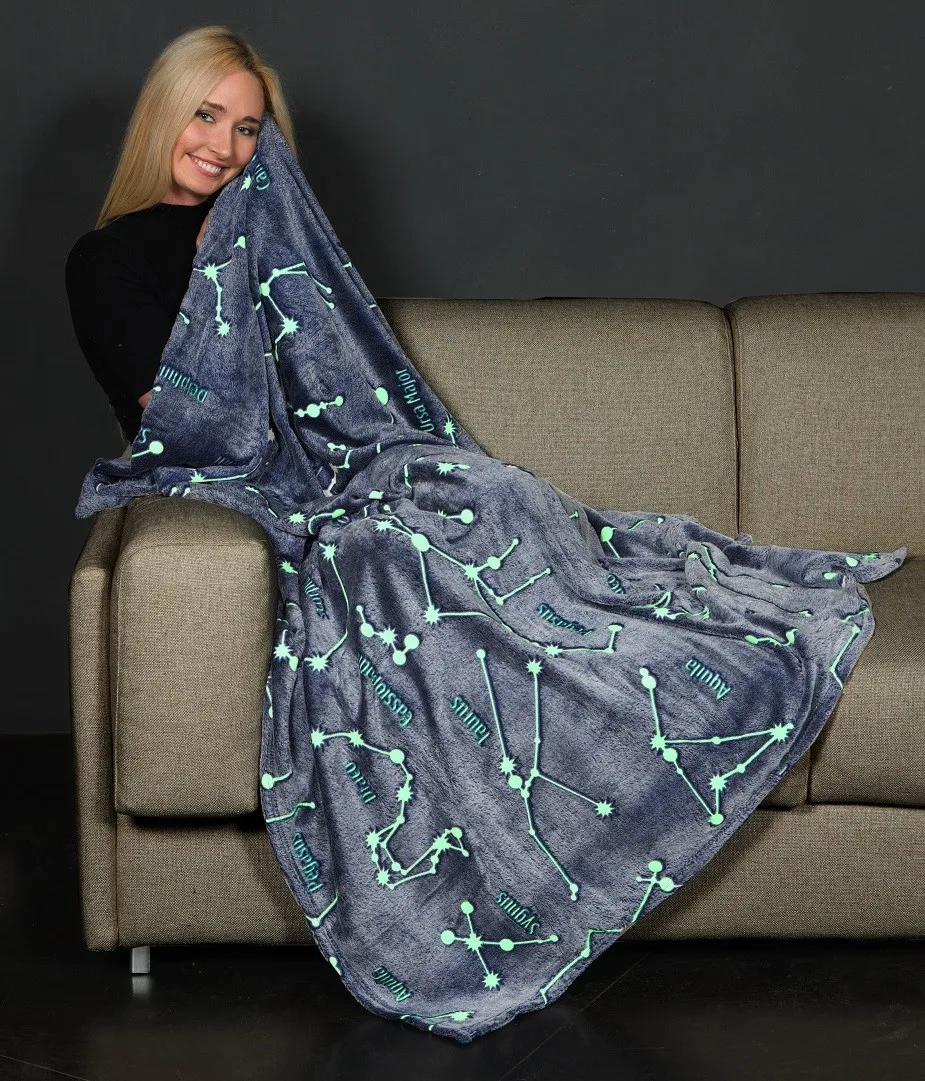 100% POLYESTER HIGH QUALITY HOT SALES AMAZON FLEECE PLUSH FLANNEL GLOW IN THE DARK BLANKET CONSTELLATIONS BLUE WHOLESALE