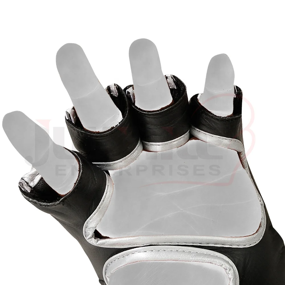 Custom Grey and black Half Finger Full Grappling Pro MMA Gloves leather boxing mma gloves with logo by juvinile enterprises