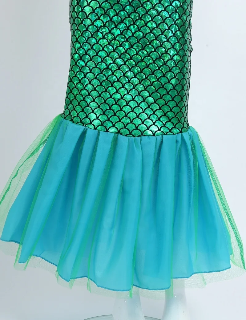 Kids Girls Adjustable Halter Glossy Fish Scales Printed Mermaid Dress Halloween Dress Up Cosplay Costume