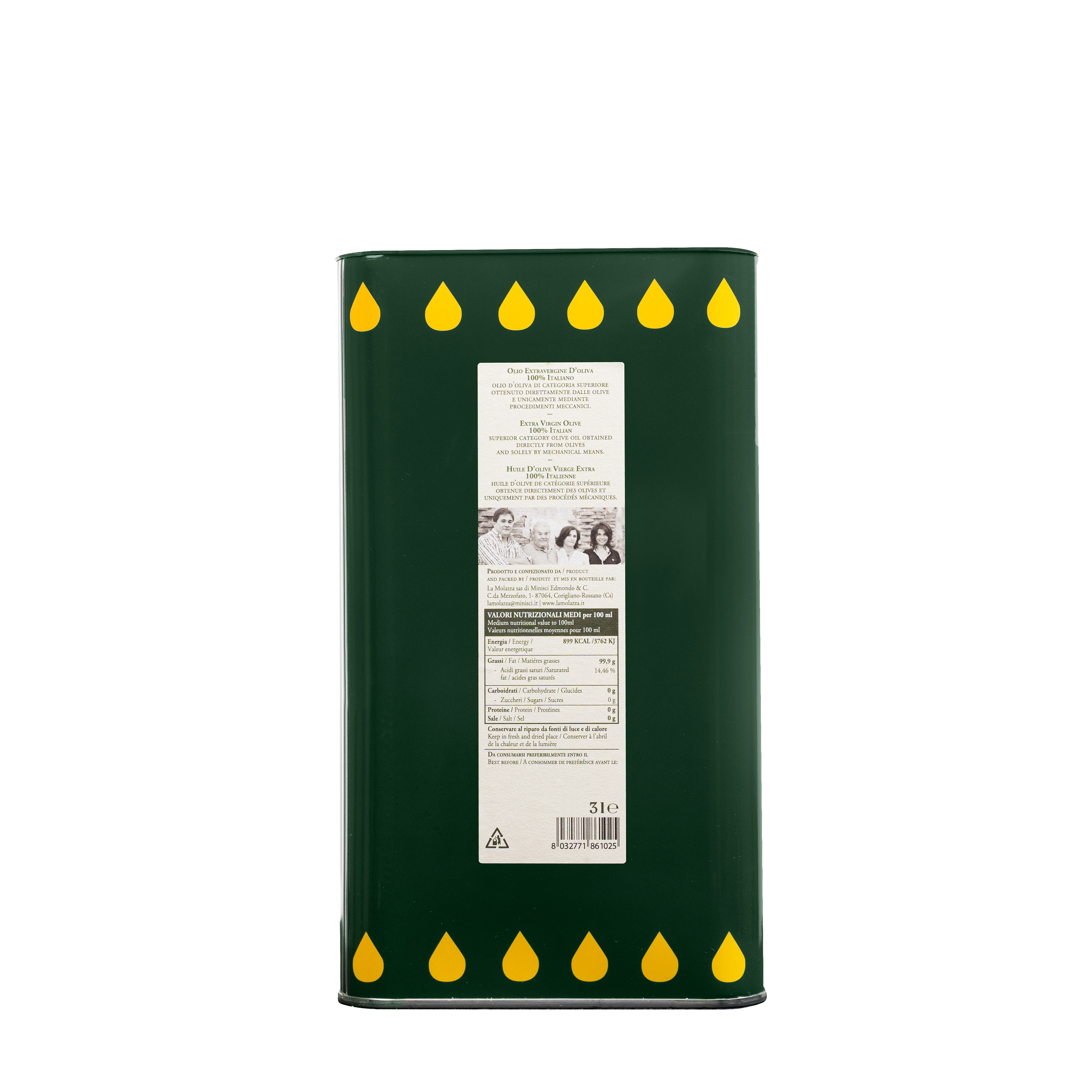 100% Italian Extra Virgin Olive Oil in 3L metal can ideal for use in the kitchen with a characteristic flavor