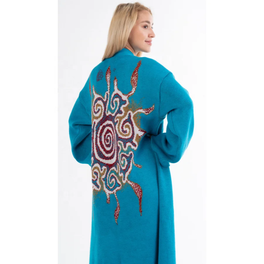 Модный женский длинный вязаный синий кардиган «икат» новая коллекция