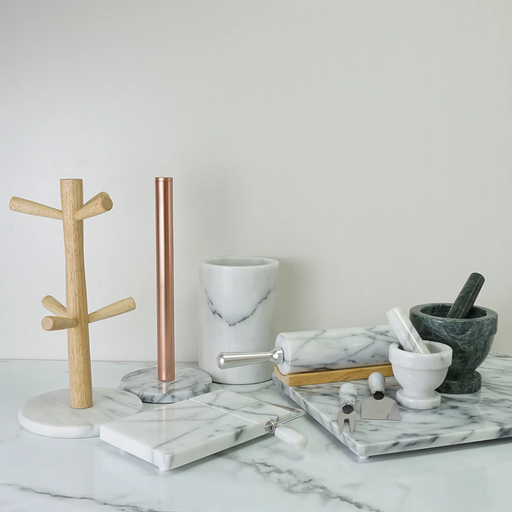 HNA Taiwan Made White Marble Classic Design Manual Salt and Pepper Mill