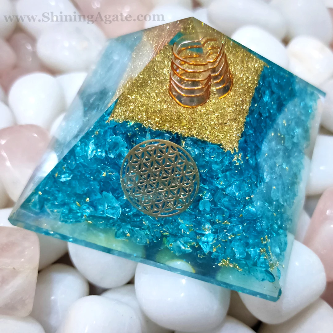 Blue Color Dyed Orgone Flower Life Symbol Pyramid Orgonite Pyramid for EMF Protection Reiki Healing Pyramid for Meditation