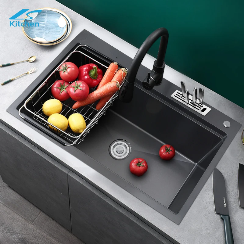Матовая Черная кухонная раковина из нержавеющей стали 304 с одной чашей и нанопокрытием титана