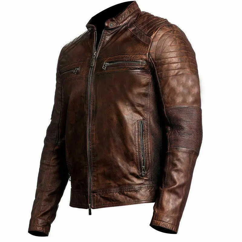 2020 New Arrival Classic Diamond Motorcycle Biker Jacket Brown Distressed Vintage real Leather Jacket