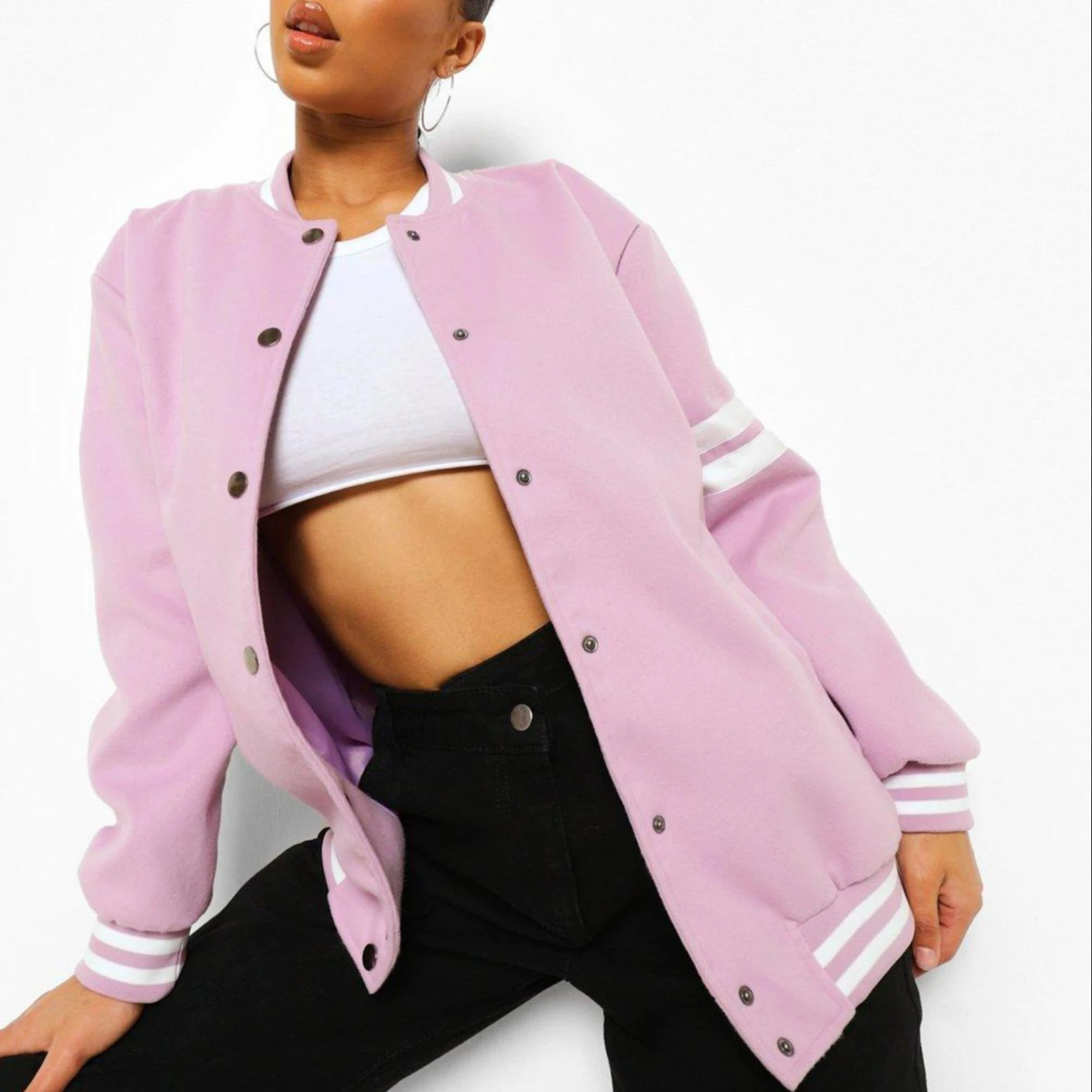 Custom plus size fancy rhinestone baseball varsity jacket casual light weight pink letterman ladies jacket , wool jacket work