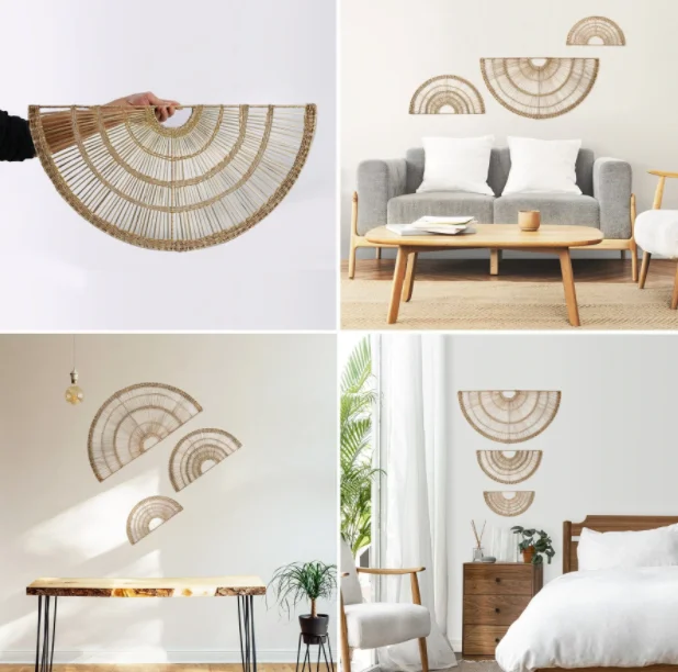 Set of 3 Natural Seagrass Woven Fan Wall Decor with Metal Frame from Vietnam Supplier