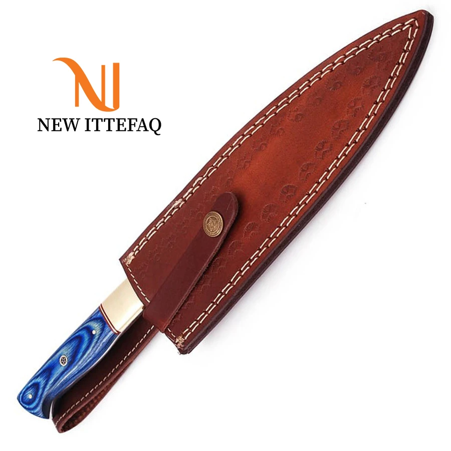 
Damascus Chef Knife | Damascus Steel Chef Kitchen Knife 13 inches Custom HANDMADE Fixed Blade Pakka Wood Brass Bolster Handle 