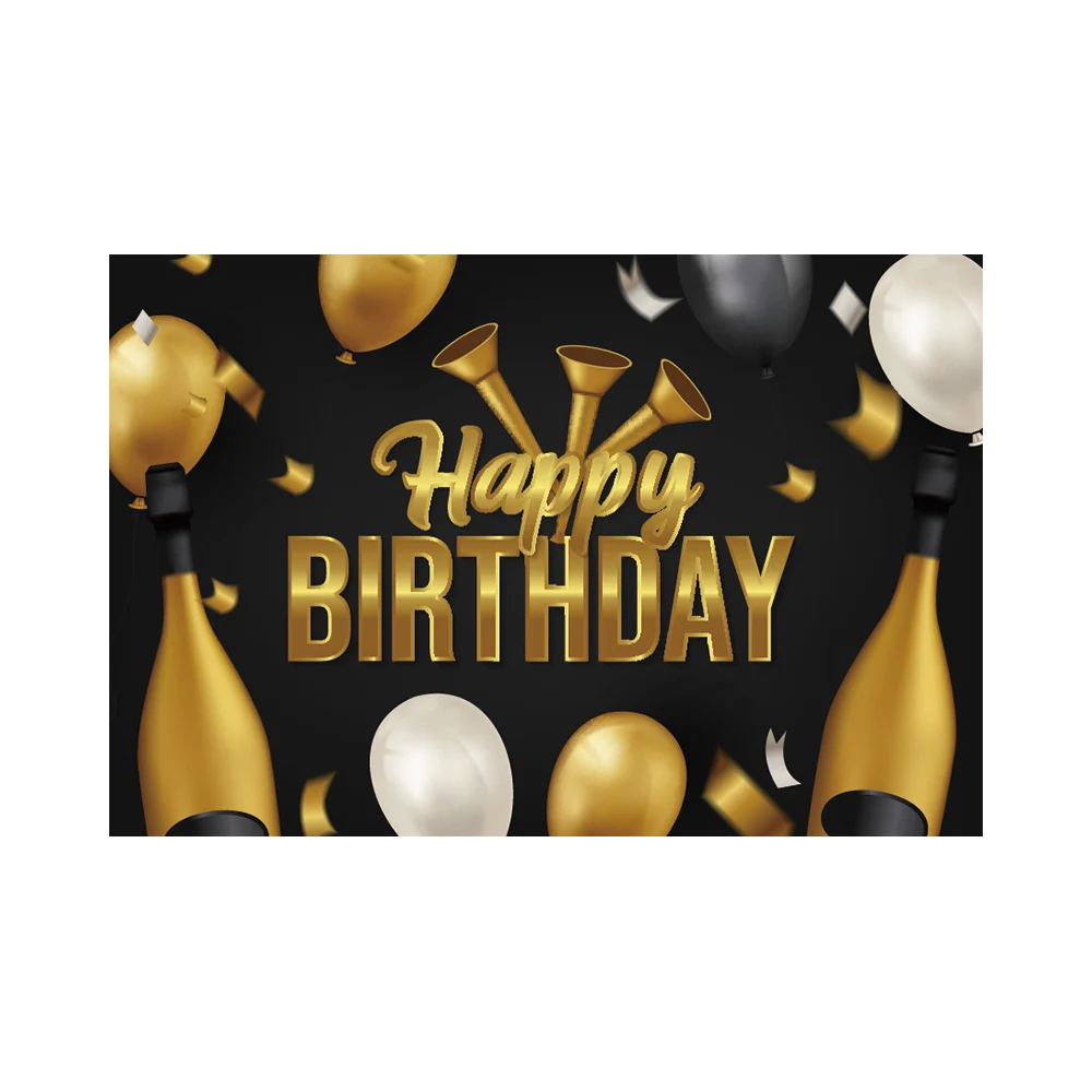 
Happy Birthday Photography Backdrop Gold foil confetti White and Glitter Gold Balloons Birthday Background Champagne 