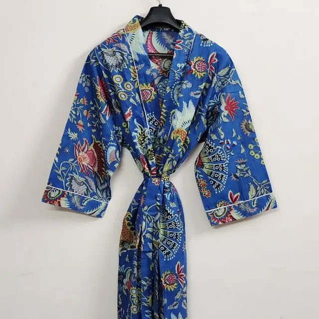  Синее кимоно Mukut с принтом сексуальный халат индийский хлопковый длинный Ночной костюм летняя одежда этническое Ночное платье пончо Макси-платье