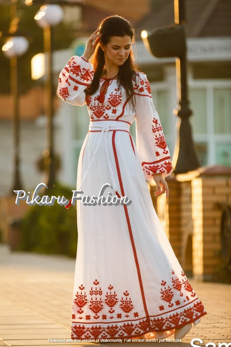 Puff sleeve flower embroidery work o-neck designer embroidered fashion lady ukrainian dress