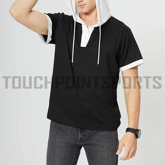 OEM custom mens half zip brown short sleeves sport running summer hoodie with fixed hood