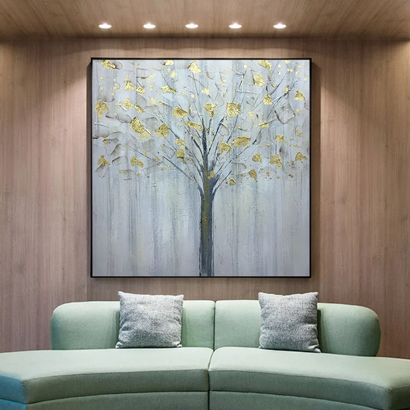 Чистая Ручная роспись Абстрактная Золотая Листья картина маслом Современная Минималистичная декоративная живопись 20*20 дюймов