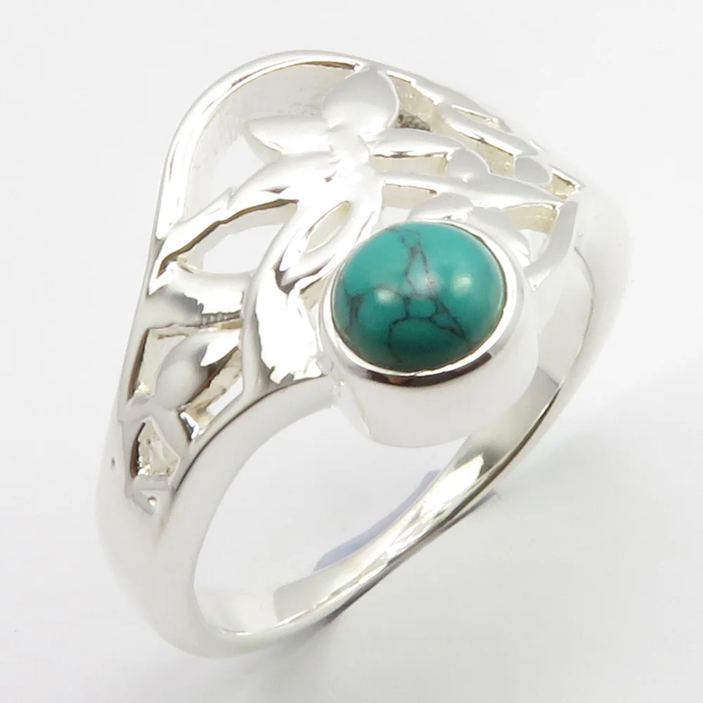 
925 Solid Silver Authentic Round Cabochon Turquoise Ring Size 7 Wedding Jewelry 