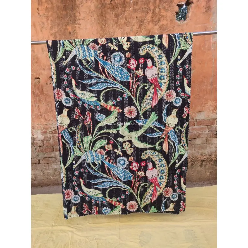 Новое Хлопковое одеяло Kantha ручной работы в индийском стиле небесно-голубого цвета с цветочным принтом красивое домашнее украшение оптом покрывало