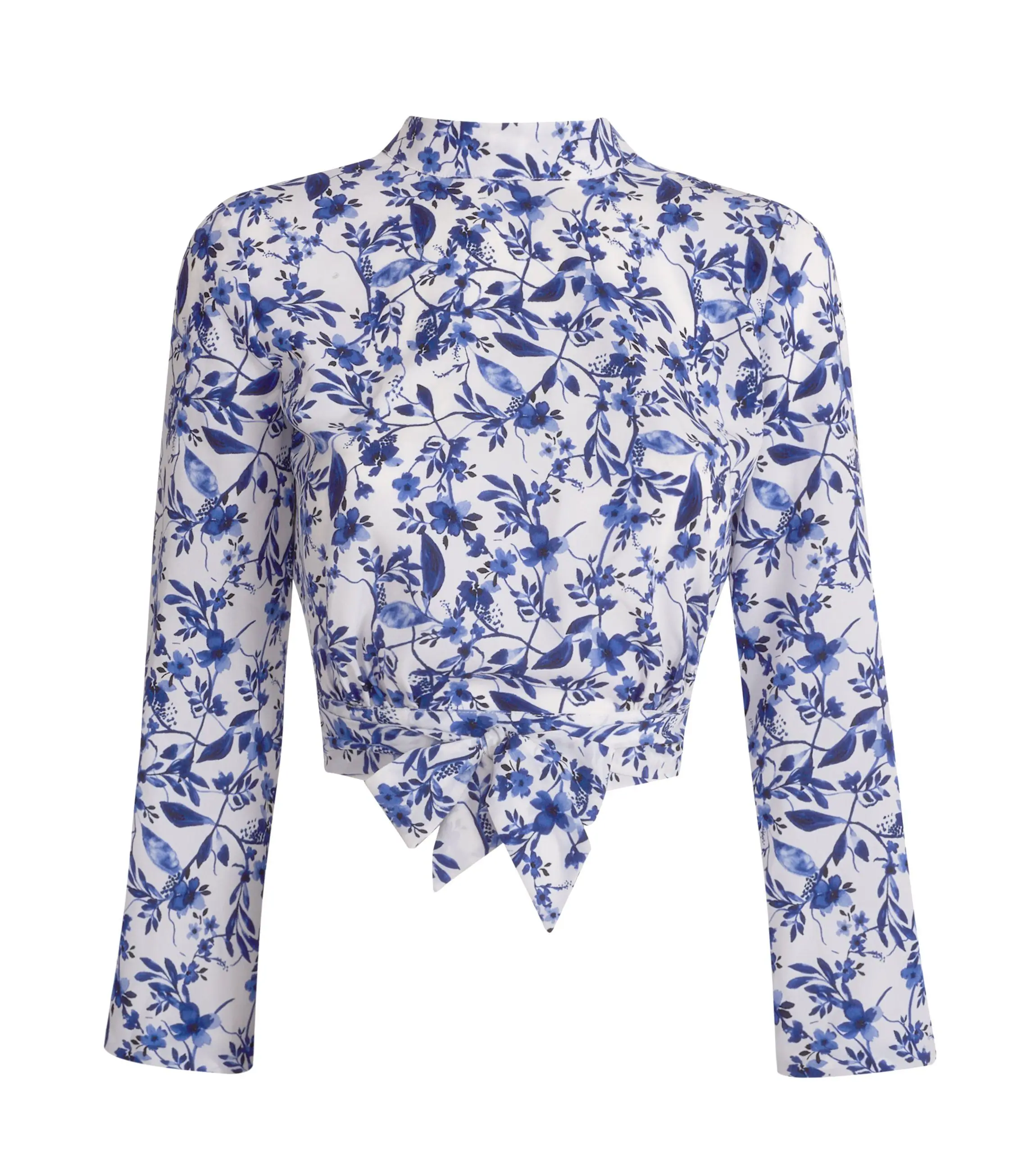 Latest Blouse in Blue Floral High Neck Tie Back Top with long Sleeve Detail Fashion Back Neck Design