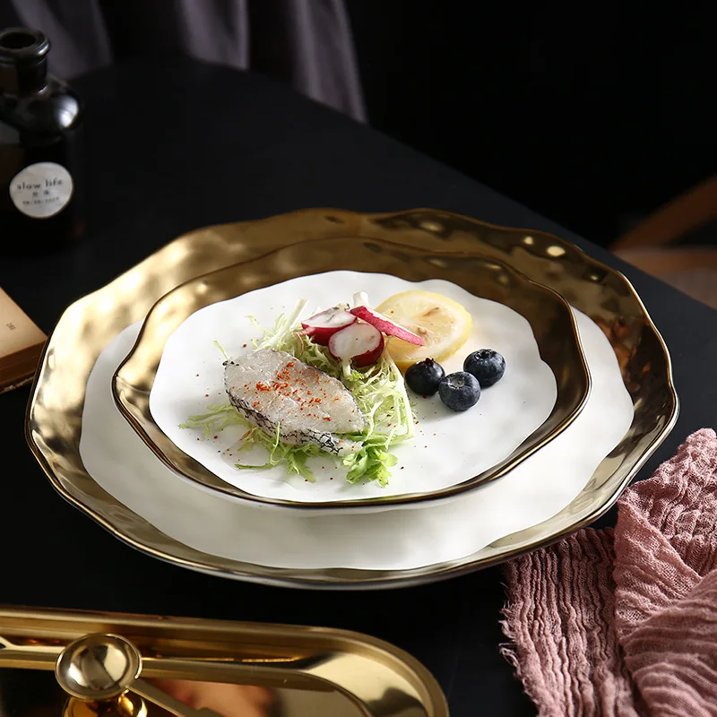 king  Luxury Tableware Irregular Porcelain Salad Pasta Plate White Ceramic Dinner Plates With Gold Rim