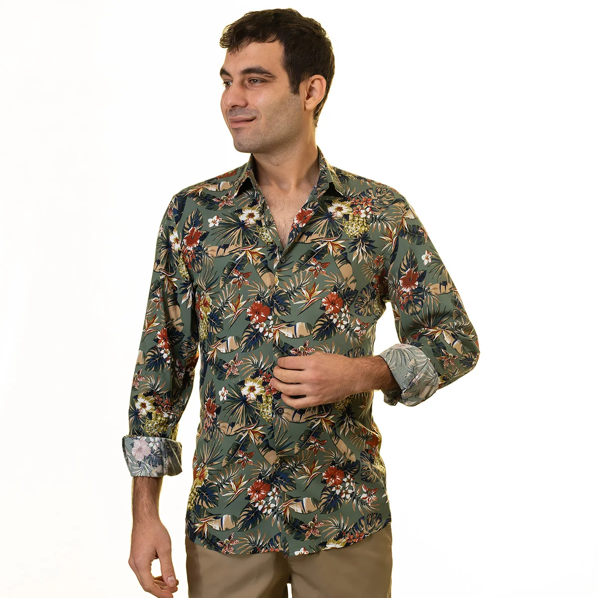 Army Green Hawaii Print Men Shirt hawaiian Print Custom Hawaiian Shirt Summer Resort Casual made in turkey