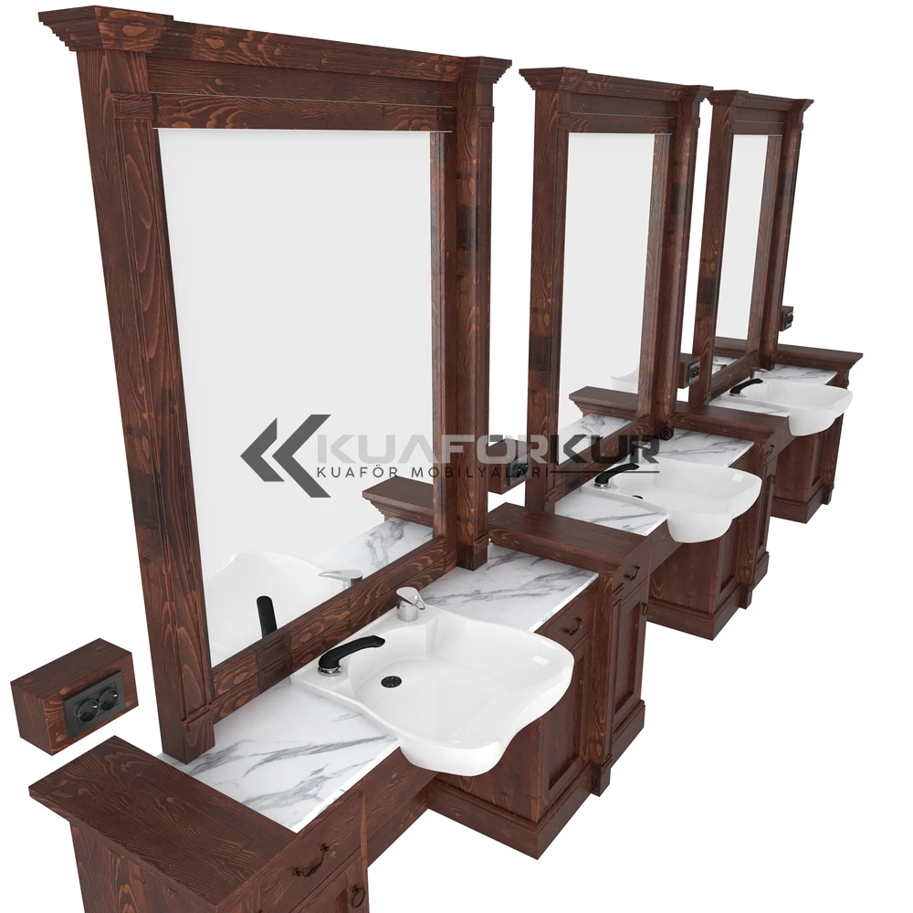 Wholesale Barbershop Salon Equipment Real Wood Barber Station New Design Salon Mirror Station Marble Surface