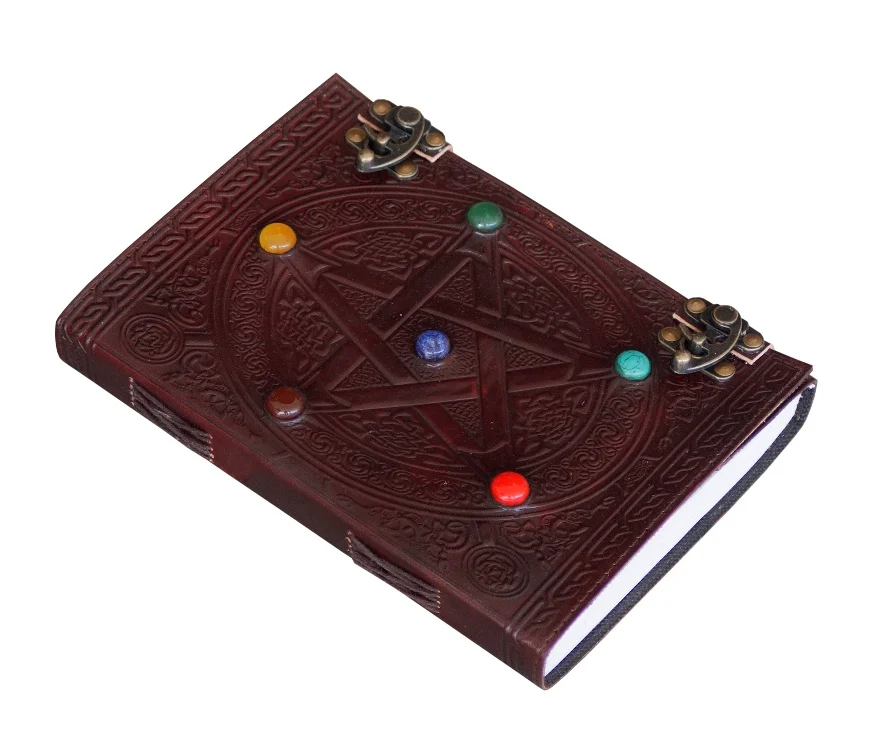 Handmade Pentagram Leather Journal, Large Celtic Embossed, Leather Journal With Lock, Grimoire, Notebook, Journal With Stone (10