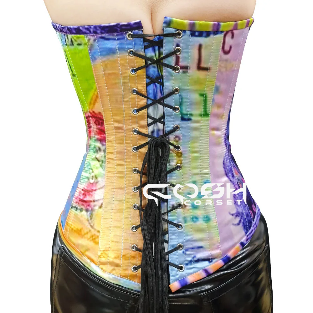 COSH CORSET Overbust Steelboned Customized Digital Printed Sublimated Satin Pointy Cup Corset Wholesale Fashion Wear Corset Top