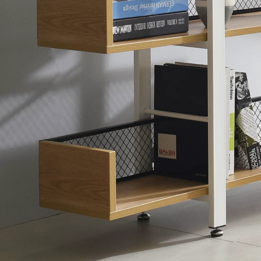 Industrial Wood Wooden Metal Display and storage square White frame 5 tiers back mesh leaning  bookshelf
