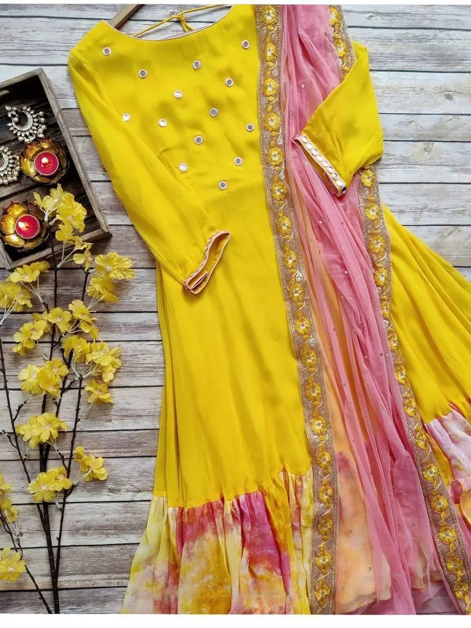 Yellow mirror work Anarkali Dress With Nazeen Dupatta Ready To Wear Dress For Women