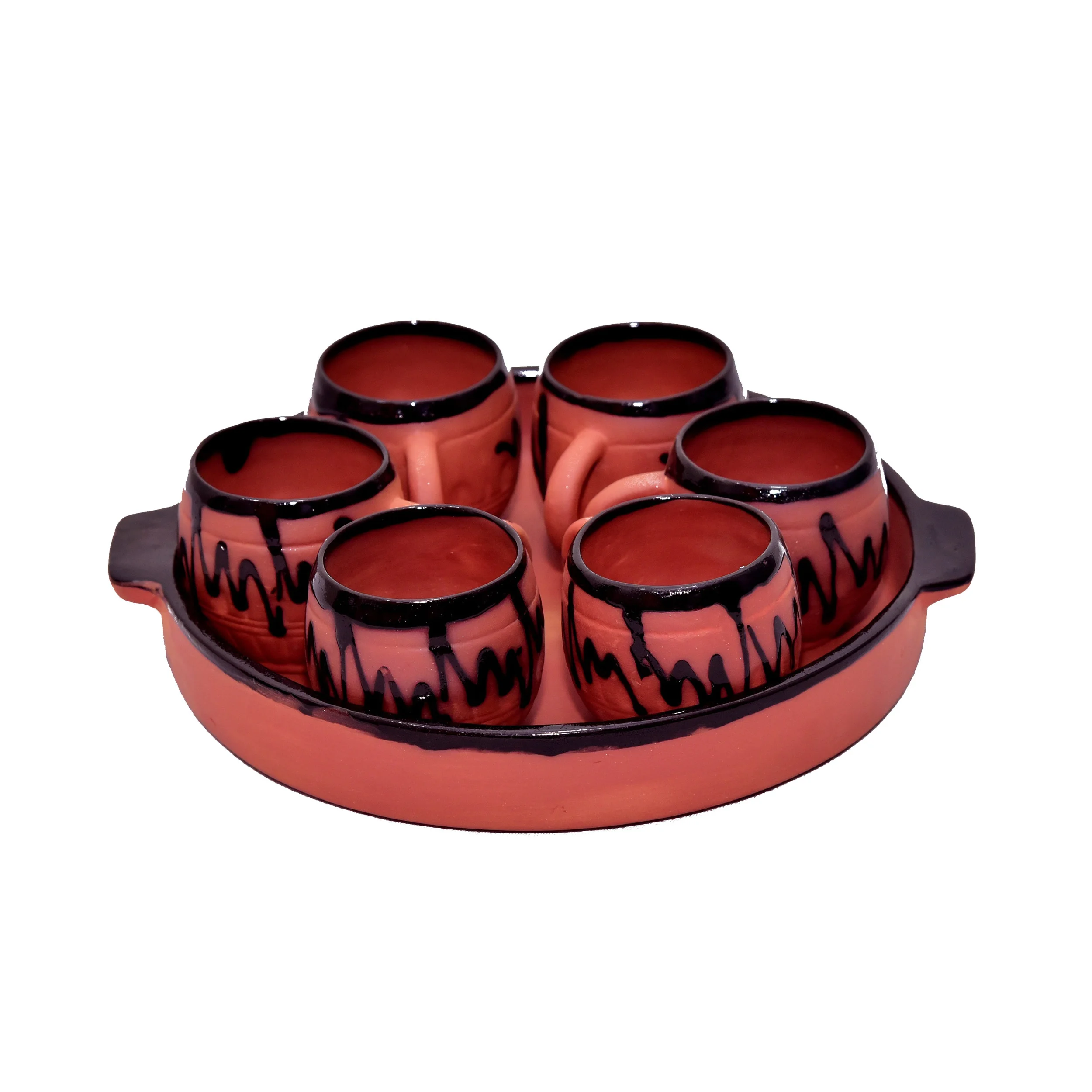 Handmade clay glazed round tray 4 cups set indian pottery cups brown terracotta pottery cups set