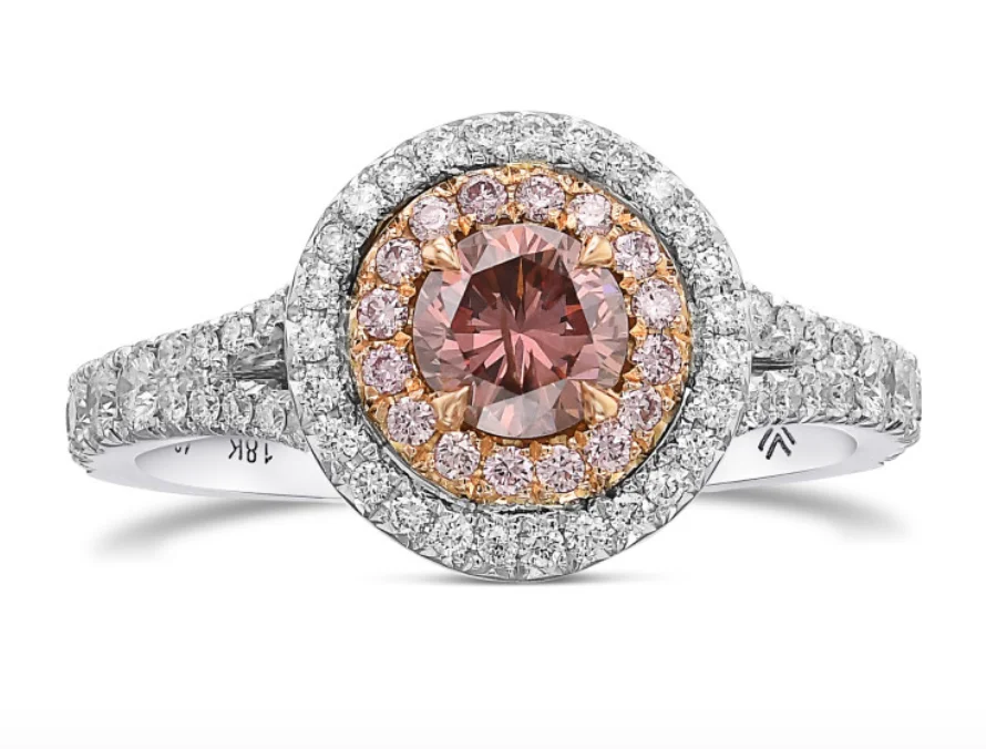 0.87 Carats Fancy Deep Brownish Orange Pink Round Cut Double Halo Diamond 18K Gold Ring Real Gems