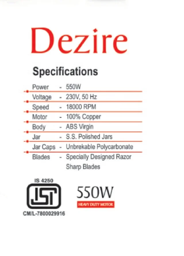 From india high quality 550W power  Dezire Mixer Grinder