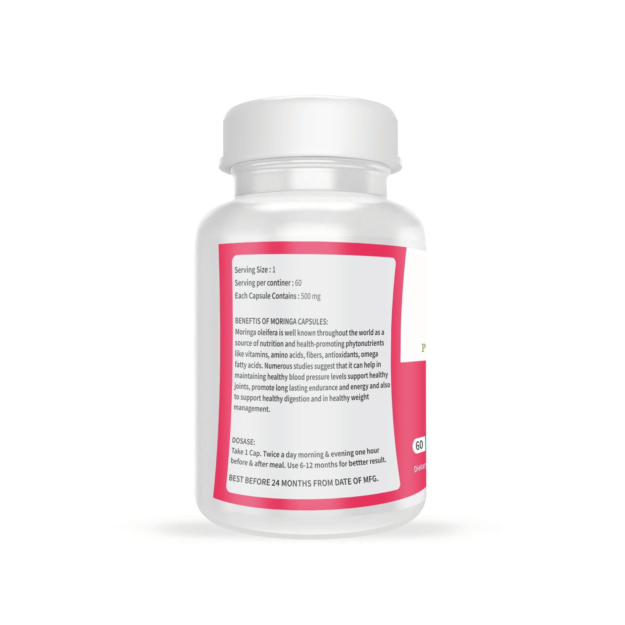 Moringa capsules made with high quality of moringa extract.