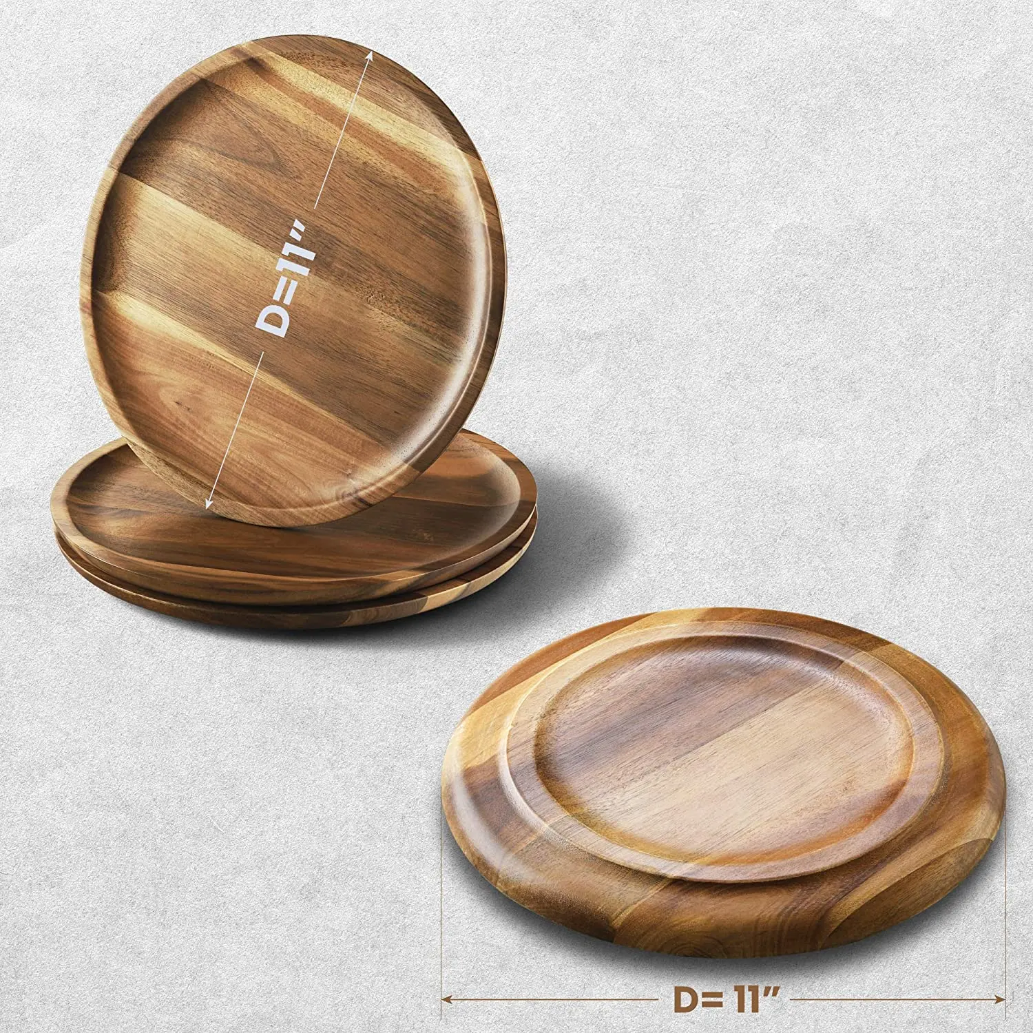 Acacia Wood Dinner Plates, 11 Inch Round Wood Plates