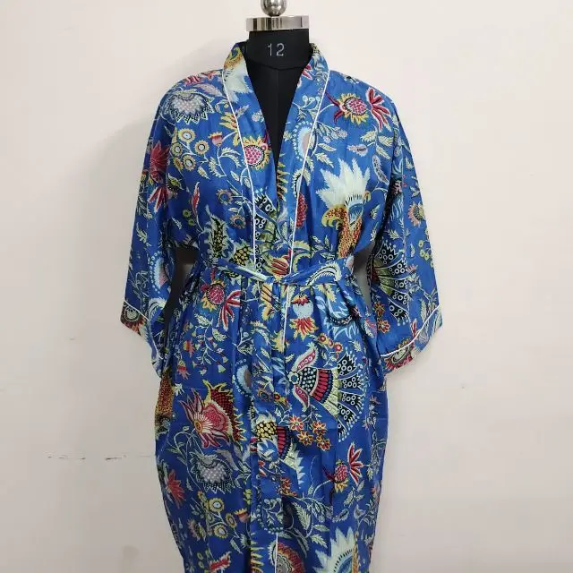  Синее кимоно Mukut с принтом сексуальный халат индийский хлопковый длинный Ночной костюм летняя одежда этническое Ночное платье пончо Макси-платье